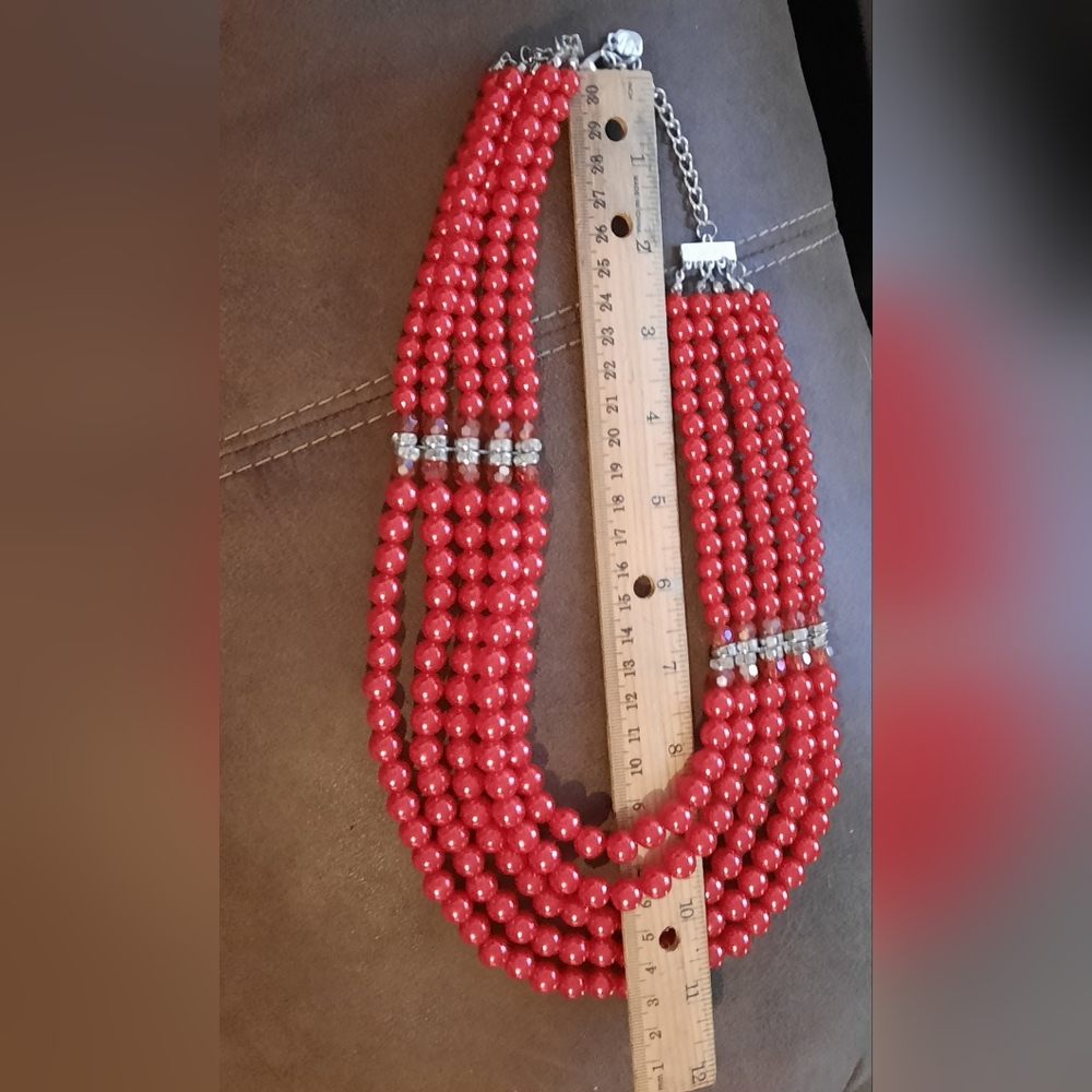 Statement Bright Beaded Red Layered Necklace Mult… - image 8